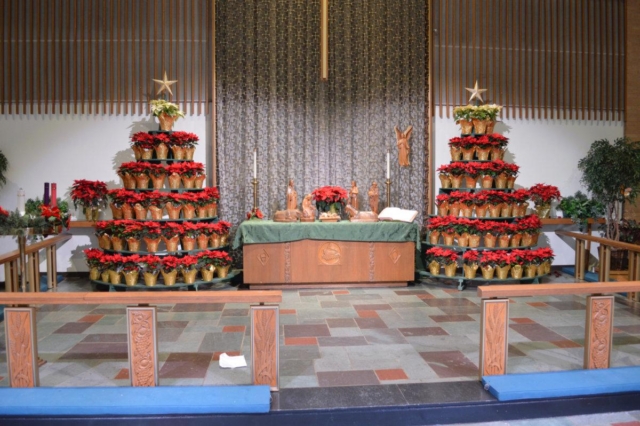 A picture of the chancel area of Central UMC decorated for Christmas