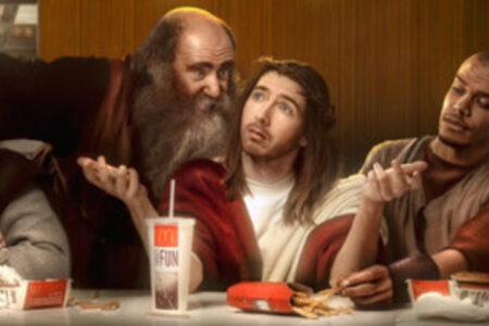 AI generated image of Jesus and four disciples eating at McDonalds